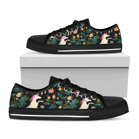 Night Floral Unicorn Pattern Print Black Low Top Sneakers