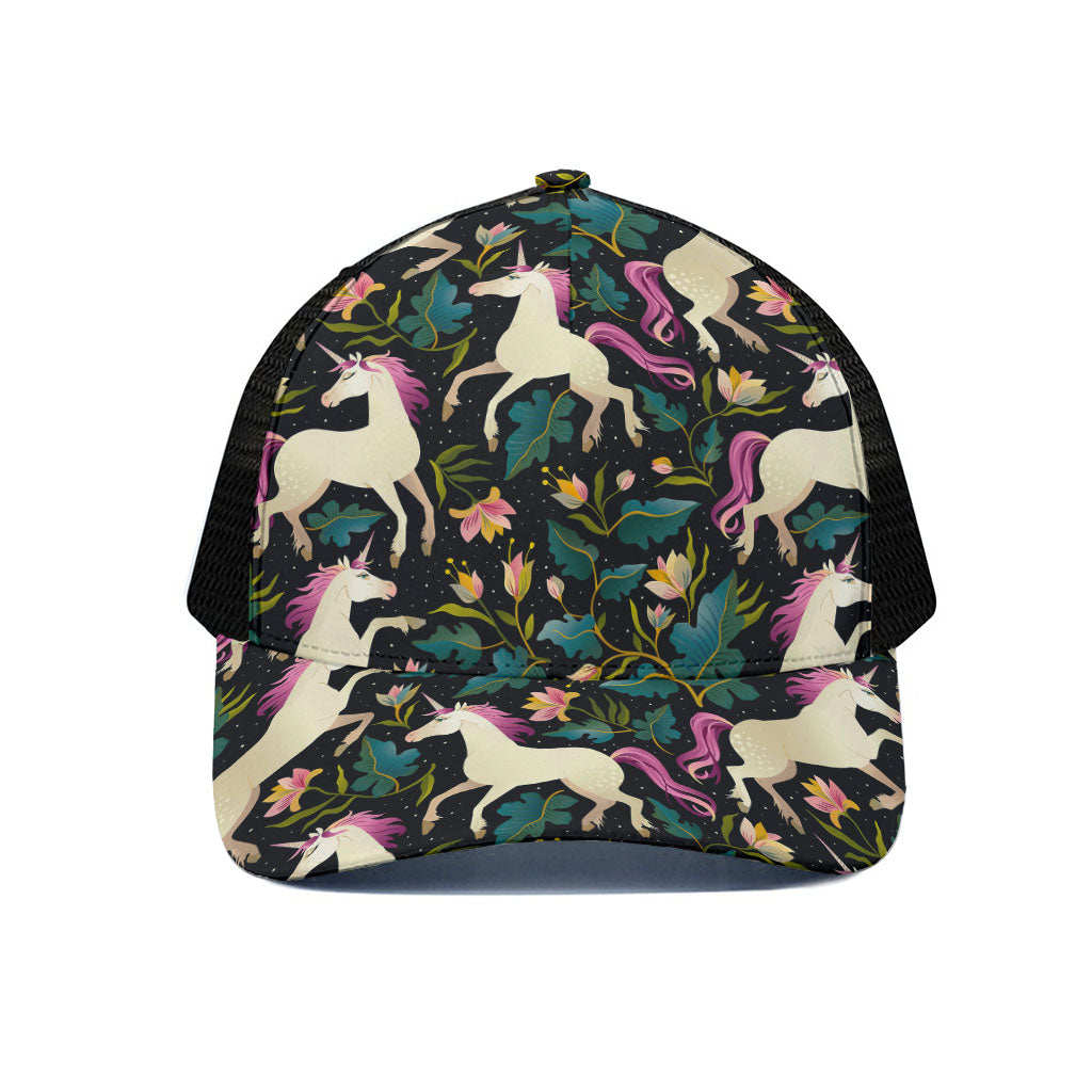 Night Floral Unicorn Pattern Print Black Mesh Trucker Cap