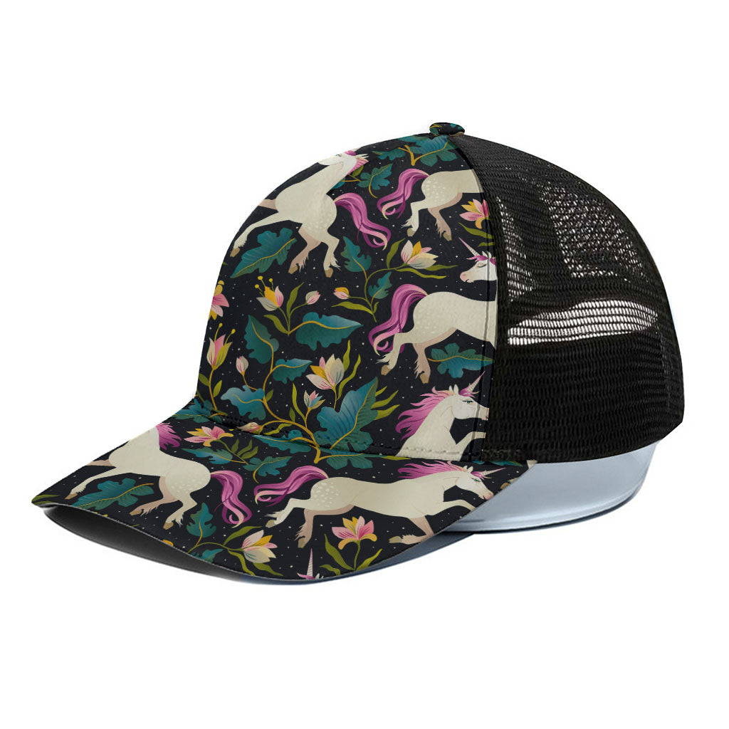 Night Floral Unicorn Pattern Print Black Mesh Trucker Cap