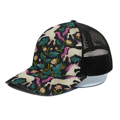 Night Floral Unicorn Pattern Print Black Mesh Trucker Cap