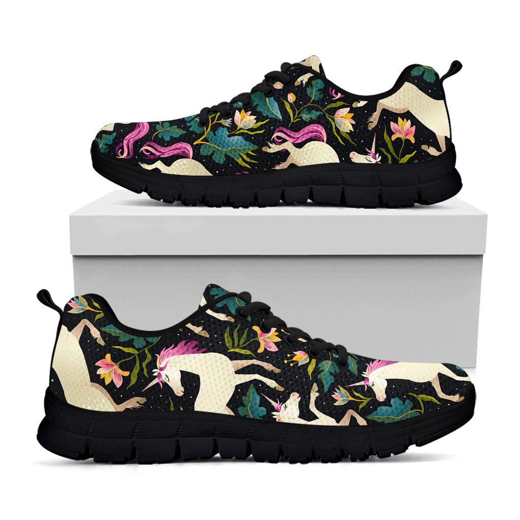 Night Floral Unicorn Pattern Print Black Running Shoes