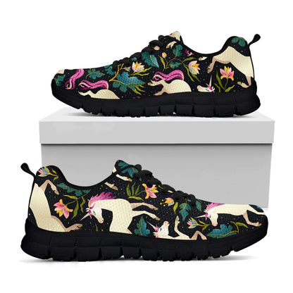 Night Floral Unicorn Pattern Print Black Running Shoes