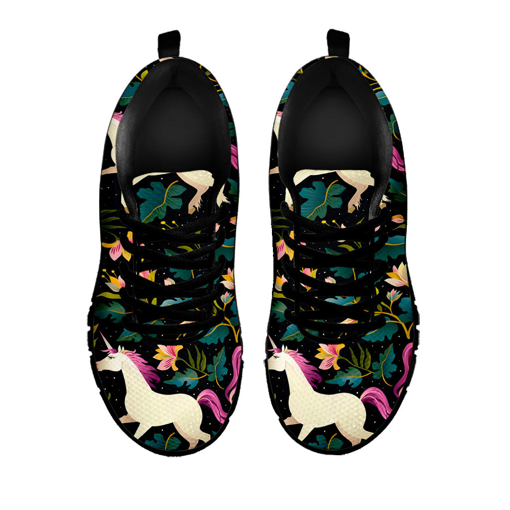 Night Floral Unicorn Pattern Print Black Running Shoes