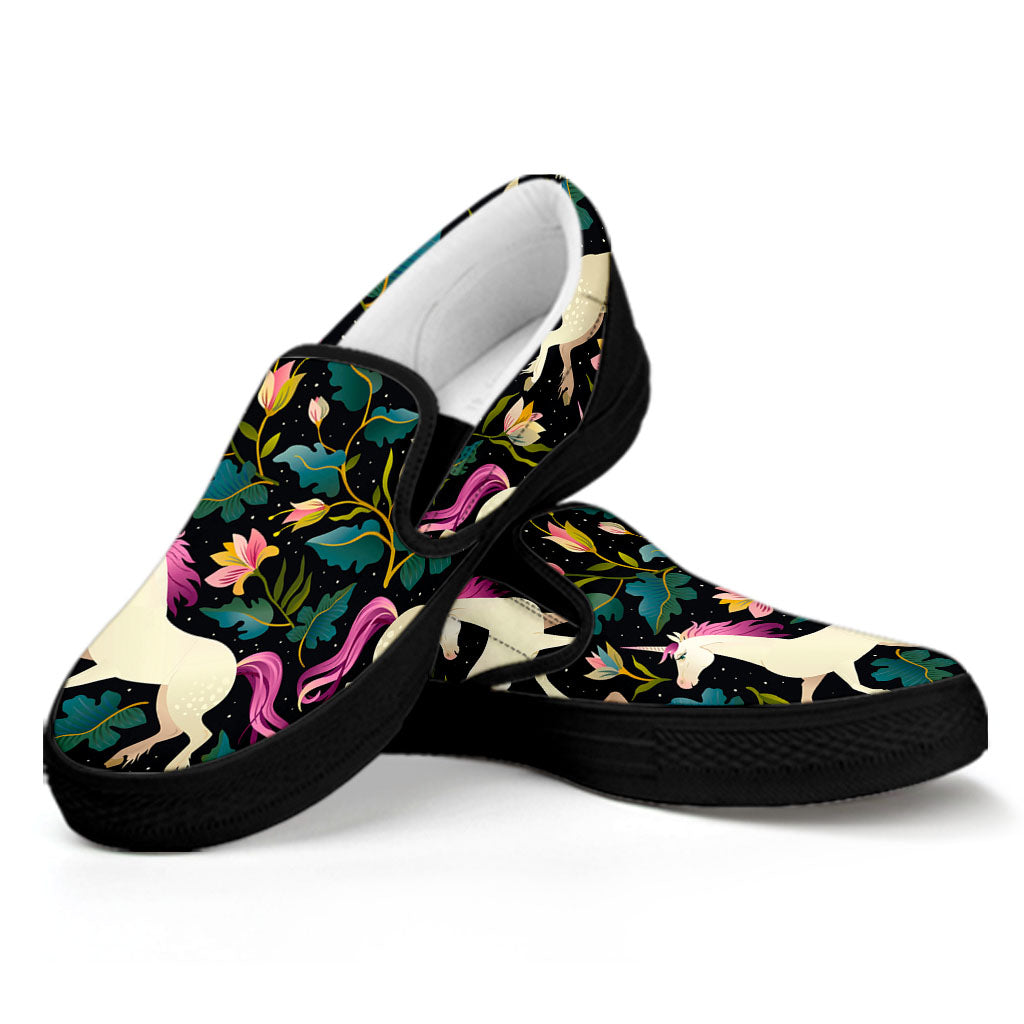 Night Floral Unicorn Pattern Print Black Slip On Sneakers