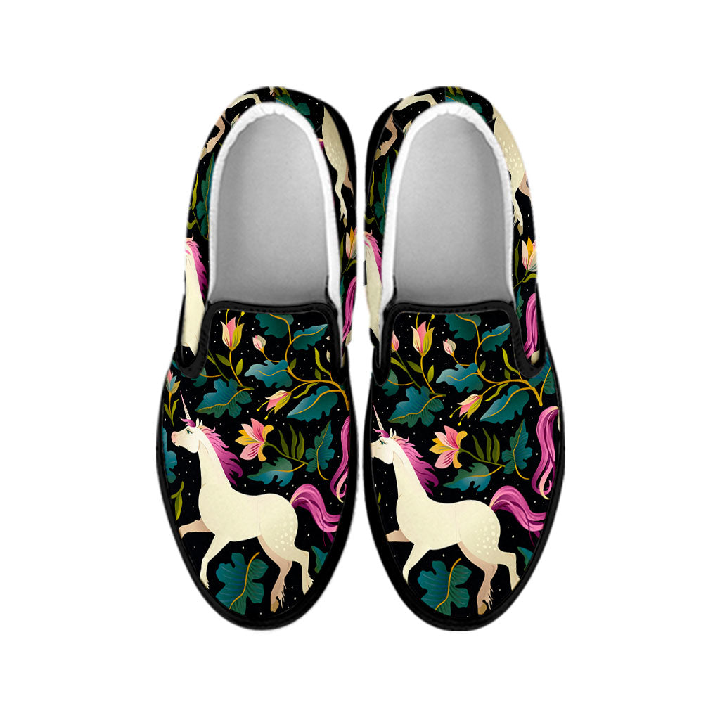 Night Floral Unicorn Pattern Print Black Slip On Sneakers