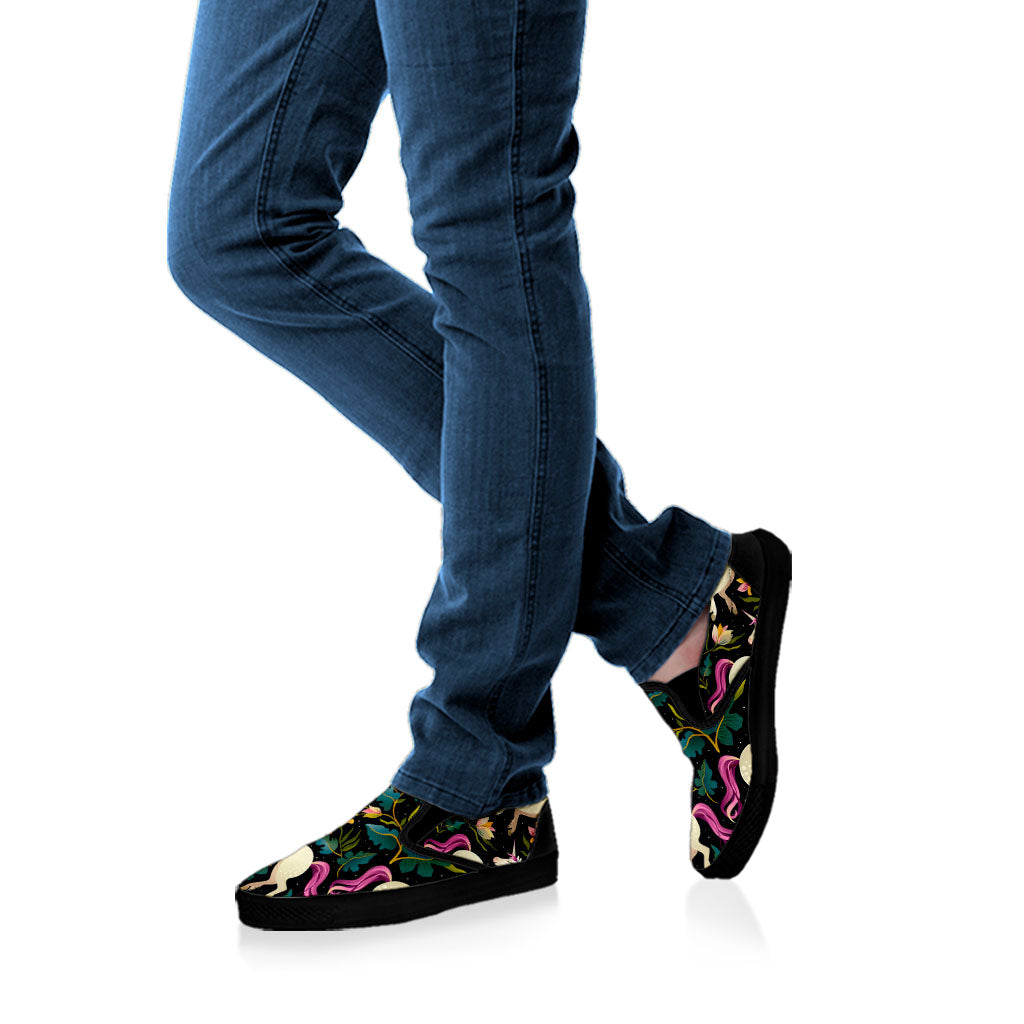 Night Floral Unicorn Pattern Print Black Slip On Sneakers