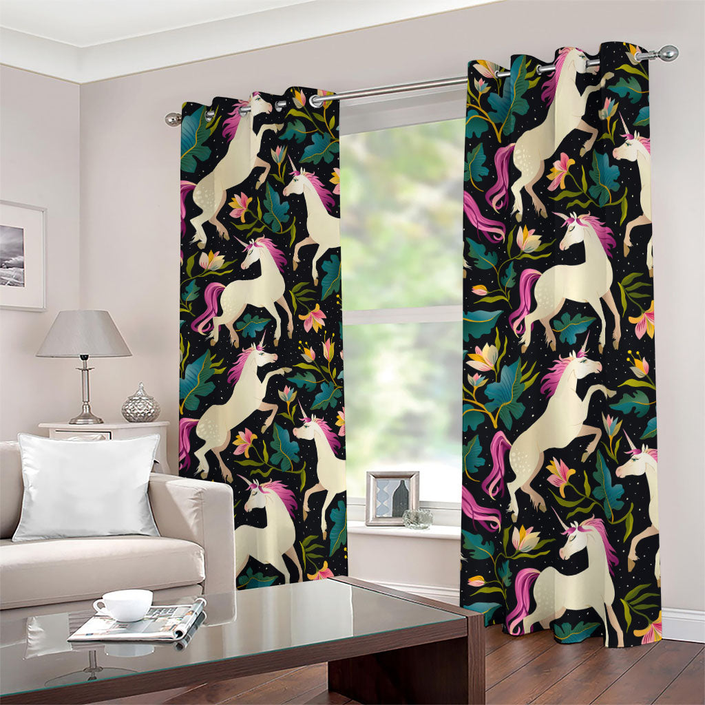 Night Floral Unicorn Pattern Print Blackout Grommet Curtains