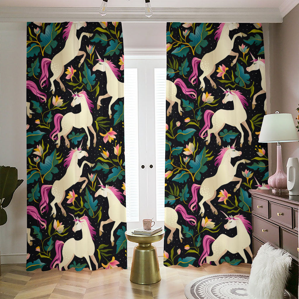 Night Floral Unicorn Pattern Print Blackout Pencil Pleat Curtains