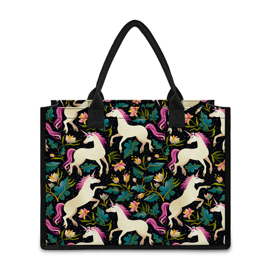 Night Floral Unicorn Pattern Print Canvas Tote Bag