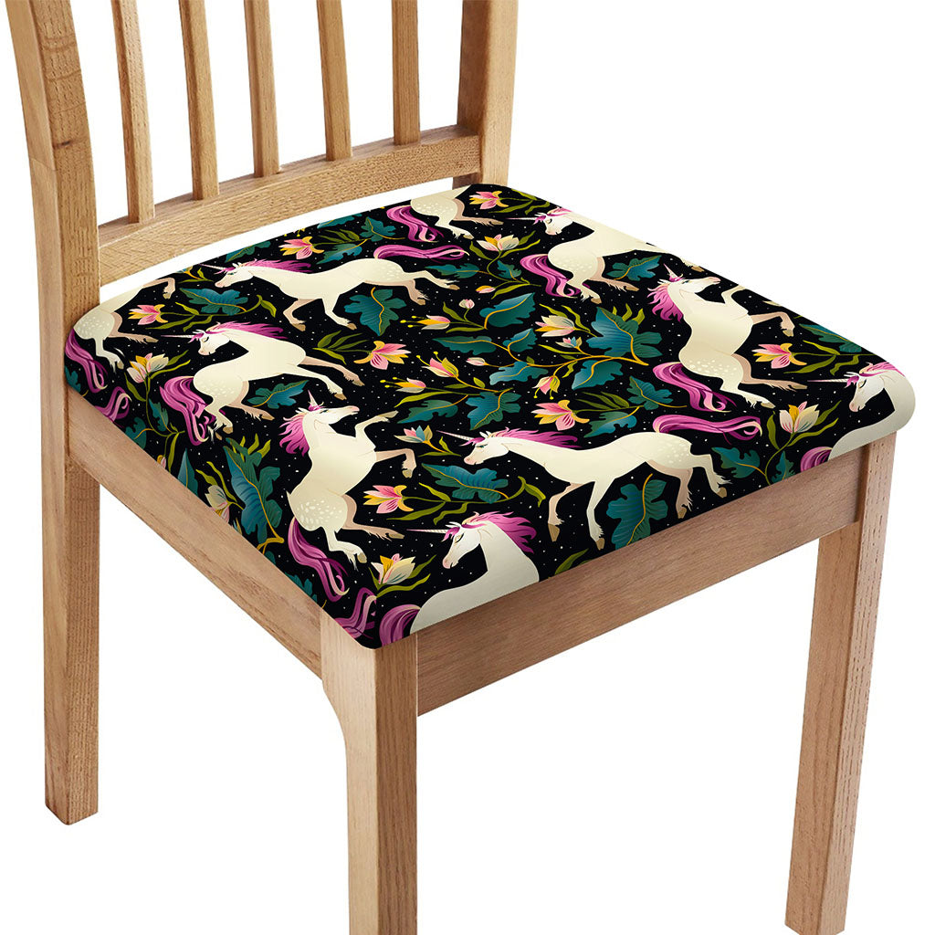 Night Floral Unicorn Pattern Print Chair Cushion Cover
