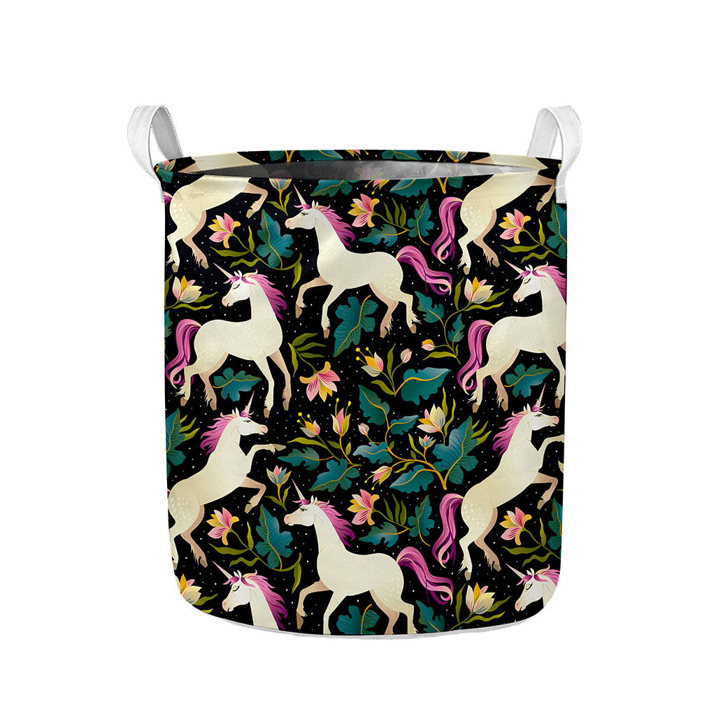 Night Floral Unicorn Pattern Print Collapsible Laundry Basket