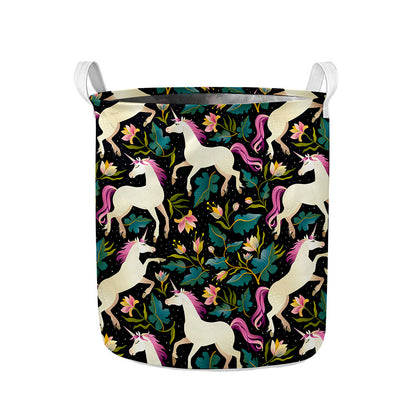 Night Floral Unicorn Pattern Print Collapsible Laundry Basket
