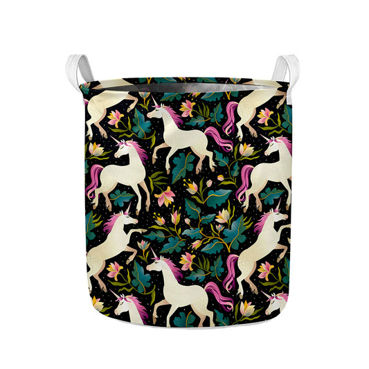 Night Floral Unicorn Pattern Print Collapsible Laundry Basket