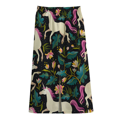Night Floral Unicorn Pattern Print Cotton Front Slit Maxi Skirt