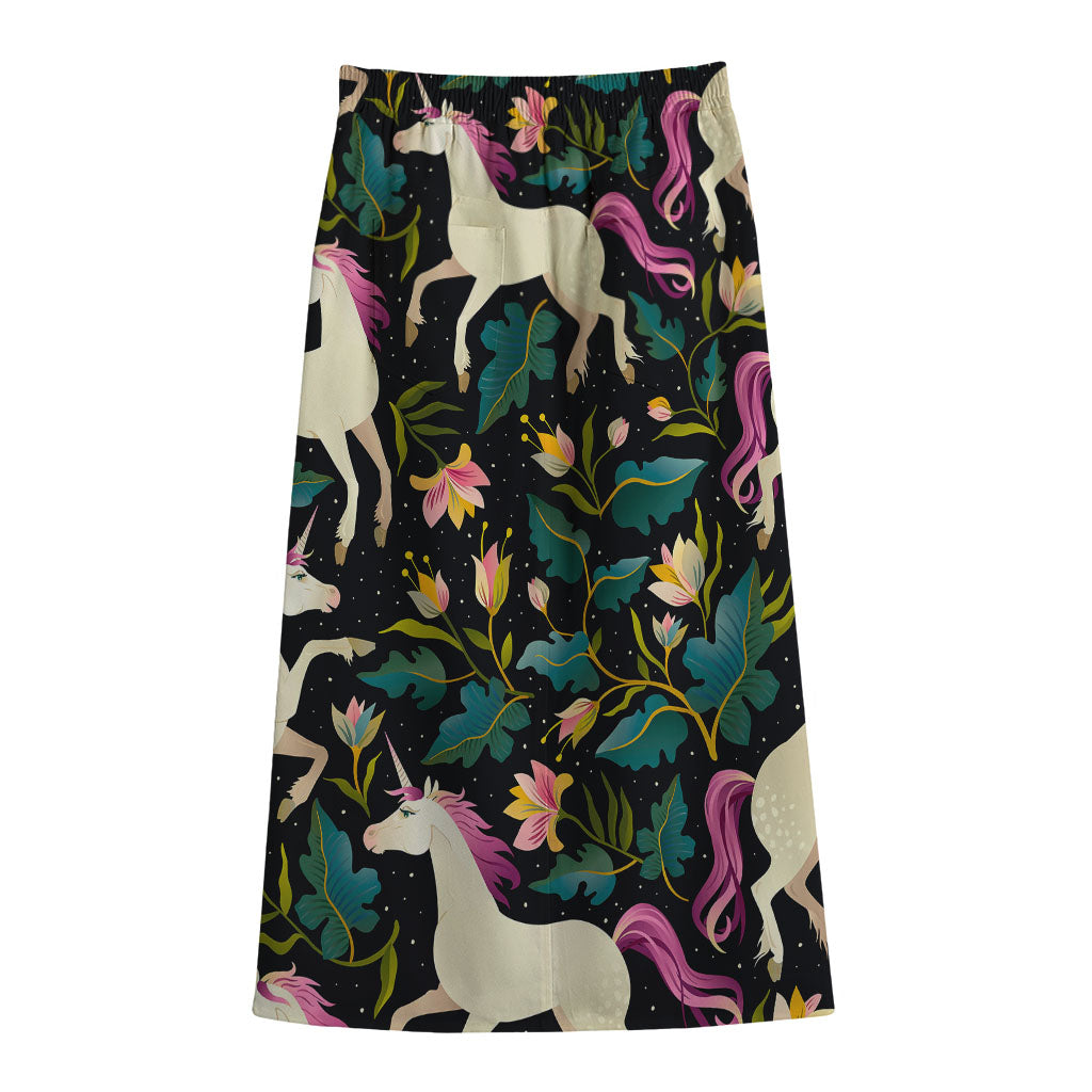 Night Floral Unicorn Pattern Print Cotton Front Slit Maxi Skirt