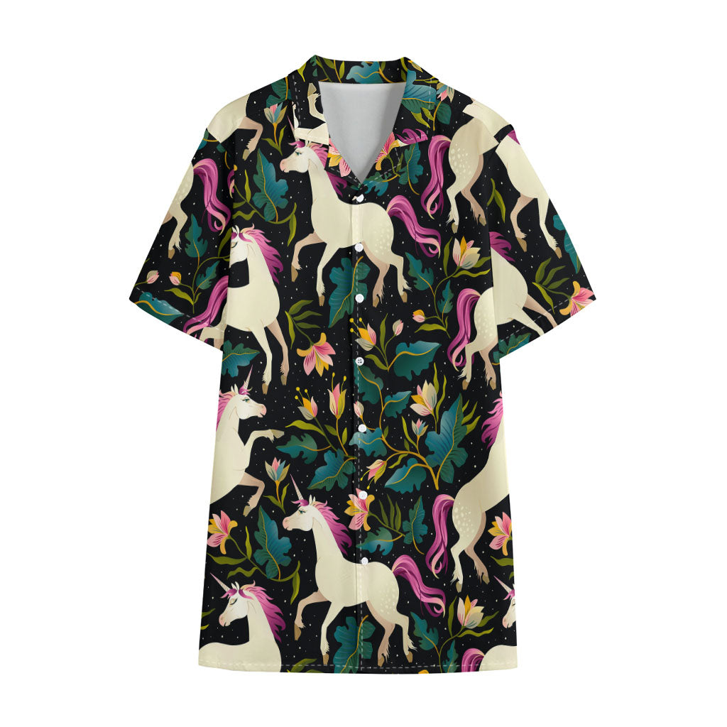 Night Floral Unicorn Pattern Print Cotton Hawaiian Shirt
