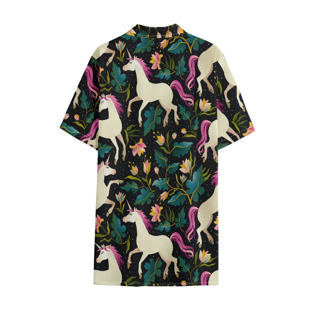 Night Floral Unicorn Pattern Print Cotton Hawaiian Shirt