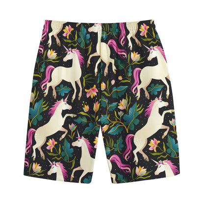 Night Floral Unicorn Pattern Print Cotton Shorts