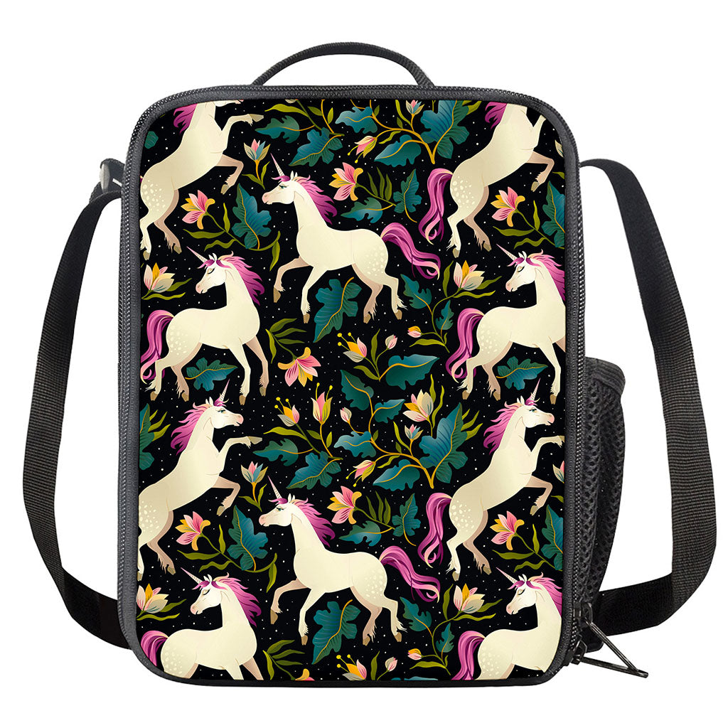 Night Floral Unicorn Pattern Print Crossbody Lunch Bag