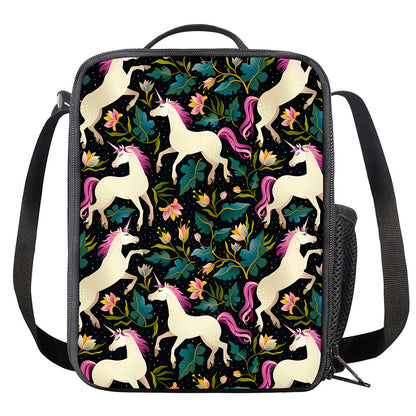 Night Floral Unicorn Pattern Print Crossbody Lunch Bag