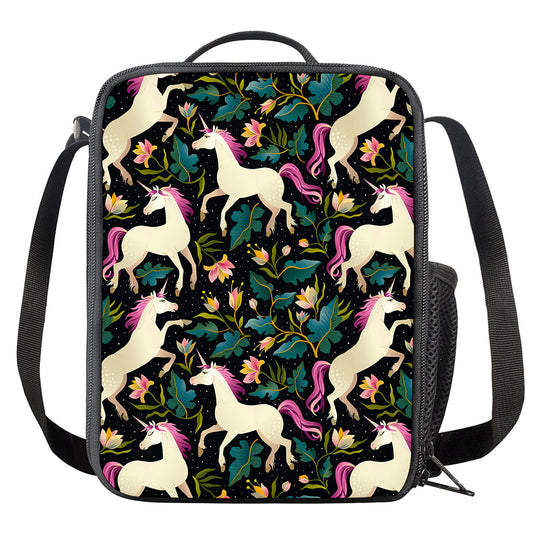 Night Floral Unicorn Pattern Print Crossbody Lunch Bag