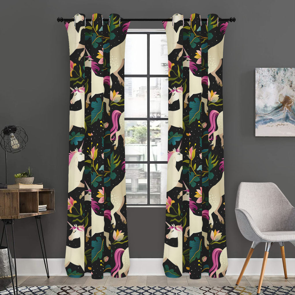 Night Floral Unicorn Pattern Print Curtain