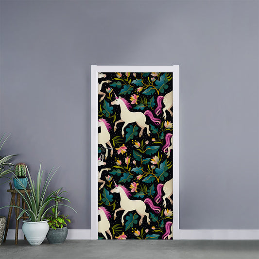 Night Floral Unicorn Pattern Print Door Sticker