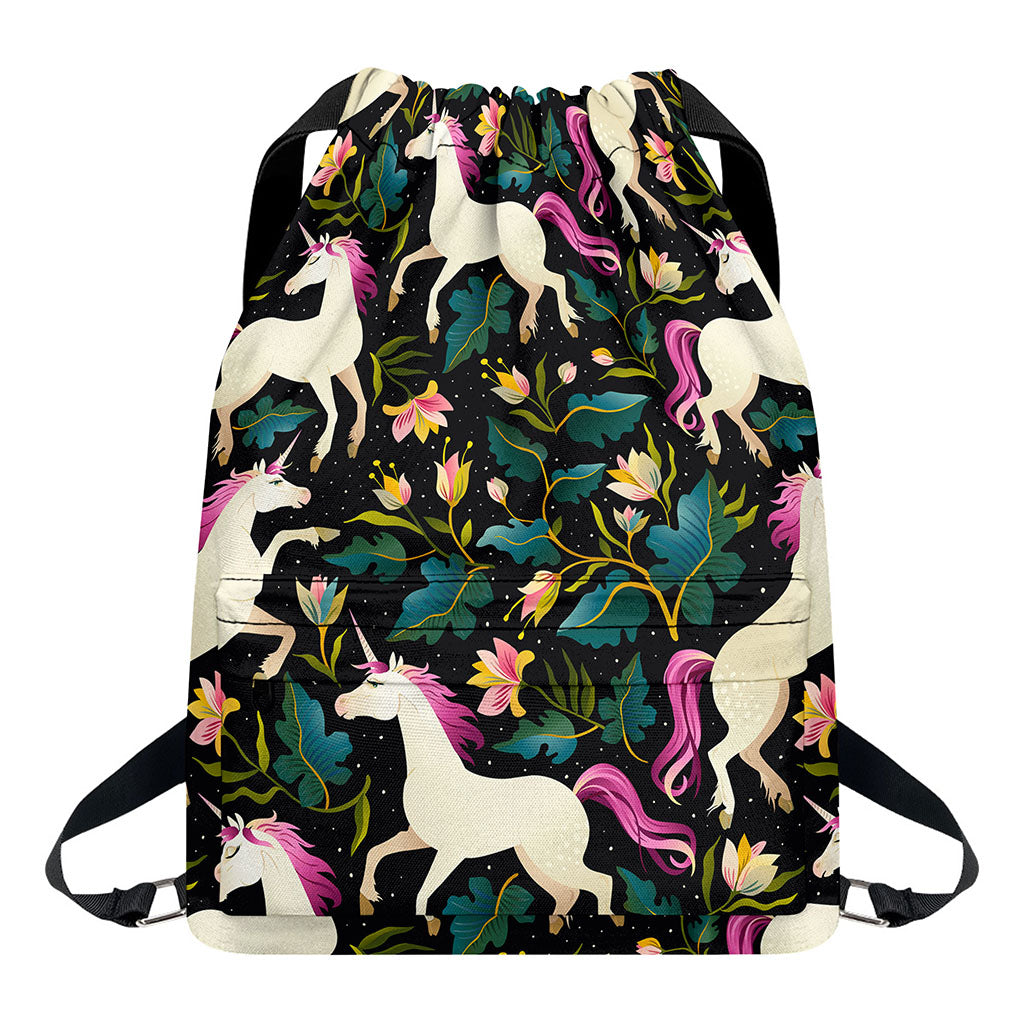 Night Floral Unicorn Pattern Print Drawstring Backpack
