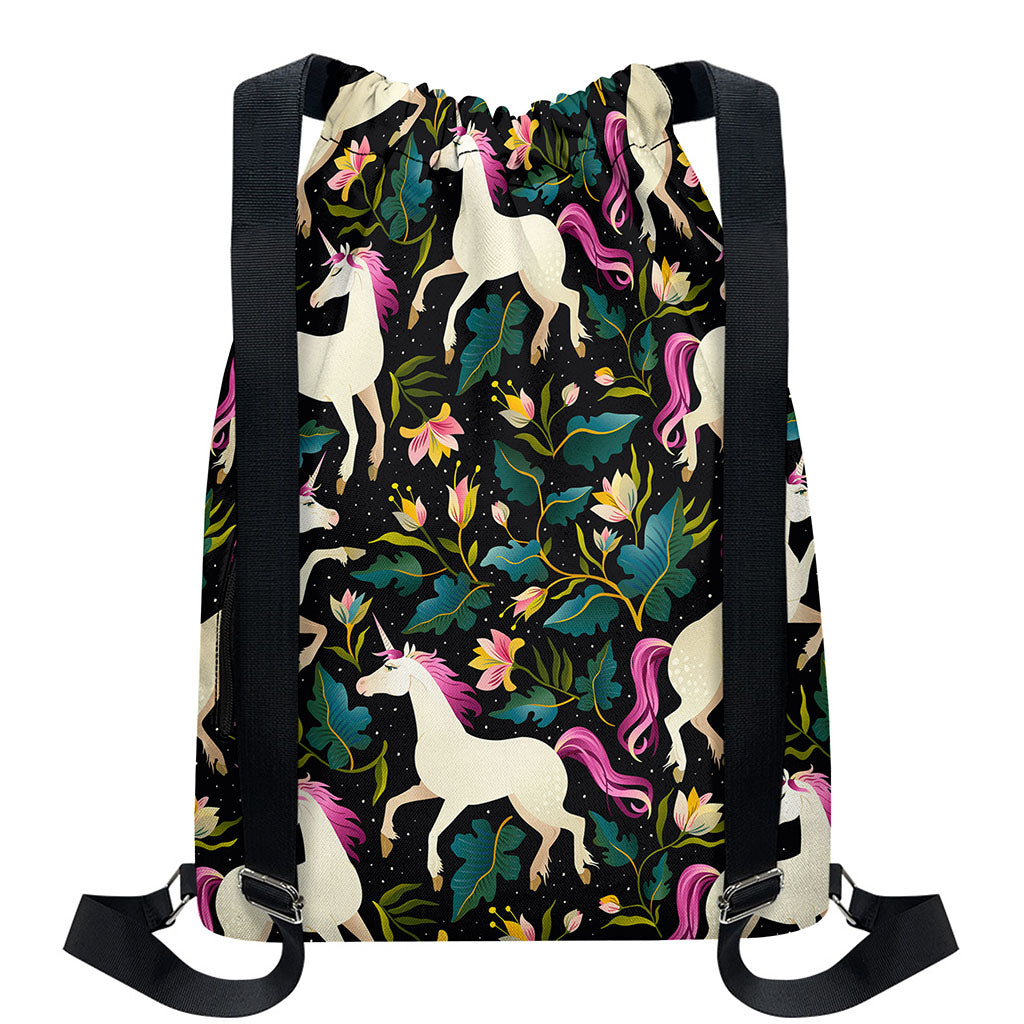 Night Floral Unicorn Pattern Print Drawstring Backpack