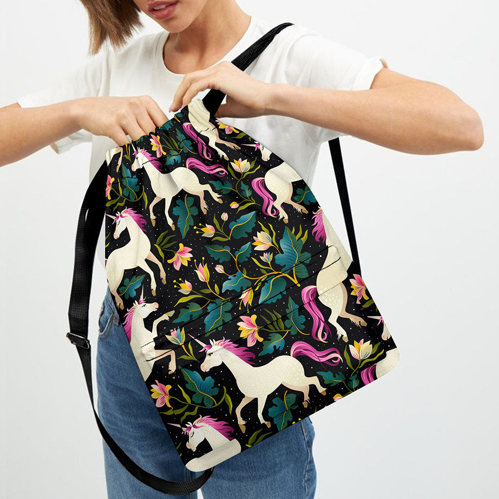 Night Floral Unicorn Pattern Print Drawstring Backpack