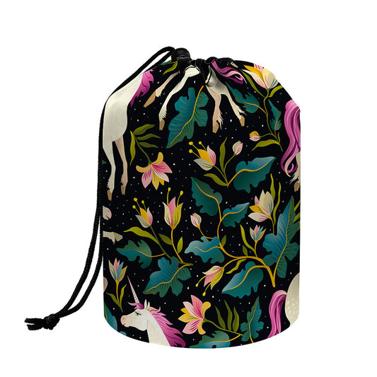 Night Floral Unicorn Pattern Print Drawstring Makeup Bag