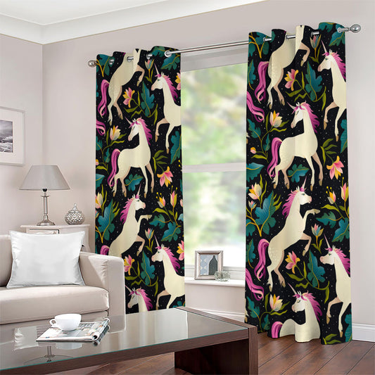 Night Floral Unicorn Pattern Print Extra Wide Grommet Curtains