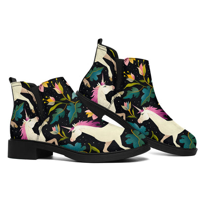 Night Floral Unicorn Pattern Print Flat Ankle Boots