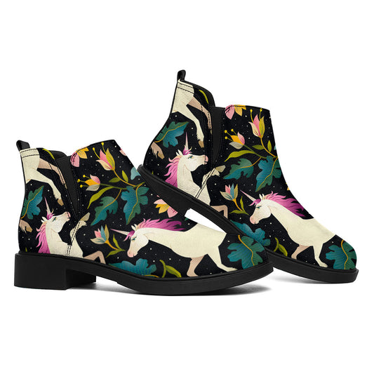 Night Floral Unicorn Pattern Print Flat Ankle Boots