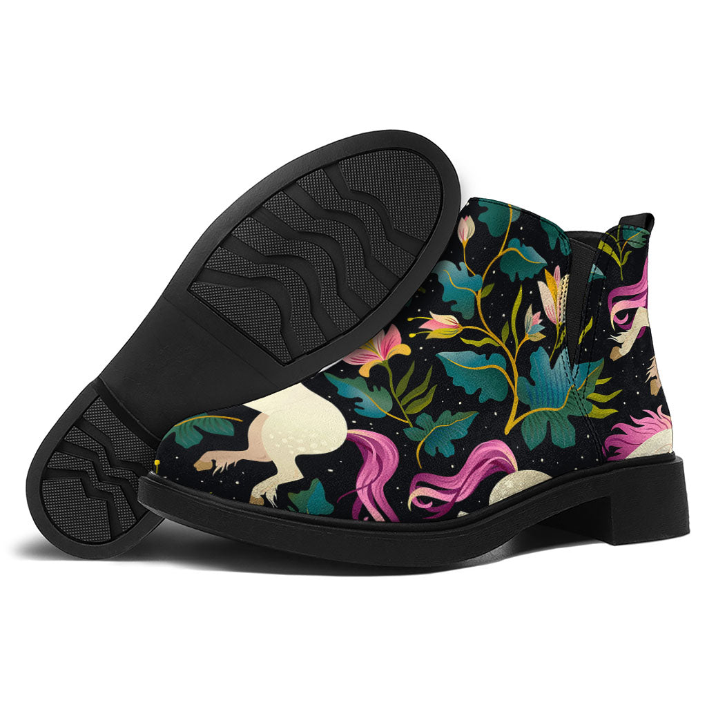 Night Floral Unicorn Pattern Print Flat Ankle Boots