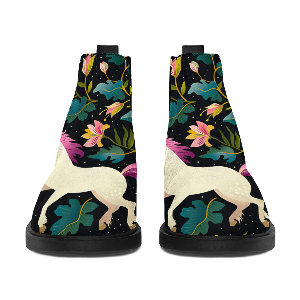 Night Floral Unicorn Pattern Print Flat Ankle Boots