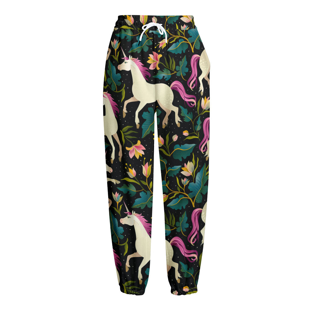 Night Floral Unicorn Pattern Print Fleece Lined Knit Pants