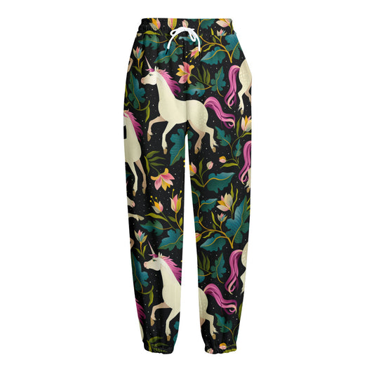 Night Floral Unicorn Pattern Print Fleece Lined Knit Pants