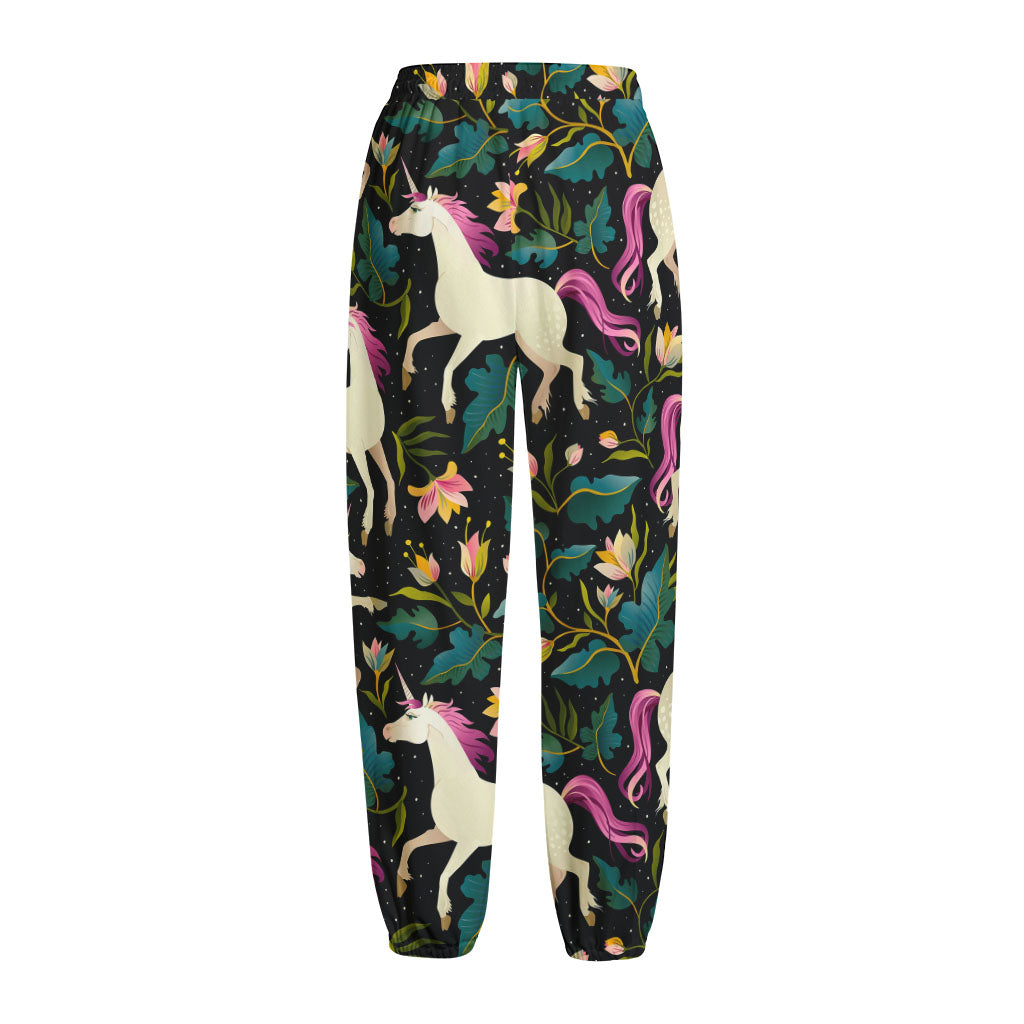 Night Floral Unicorn Pattern Print Fleece Lined Knit Pants