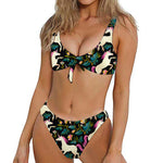 Night Floral Unicorn Pattern Print Front Bow Tie Bikini