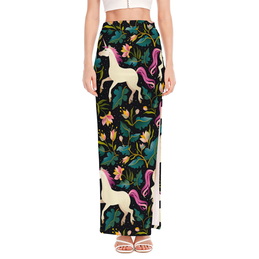 Night Floral Unicorn Pattern Print High Slit Maxi Skirt