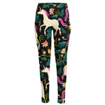 Night Floral Unicorn Pattern Print High-Waisted Pocket Leggings