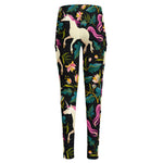 Night Floral Unicorn Pattern Print High-Waisted Pocket Leggings