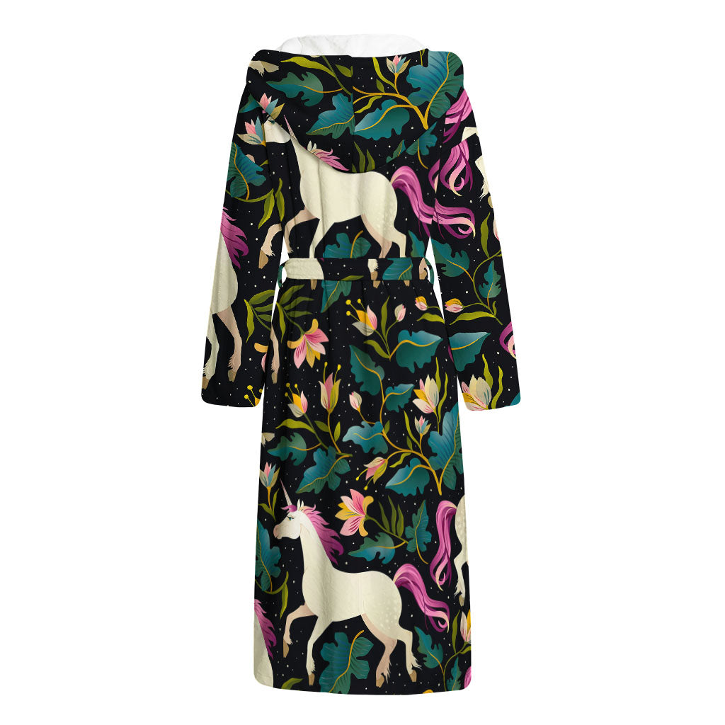 Night Floral Unicorn Pattern Print Hooded Bathrobe
