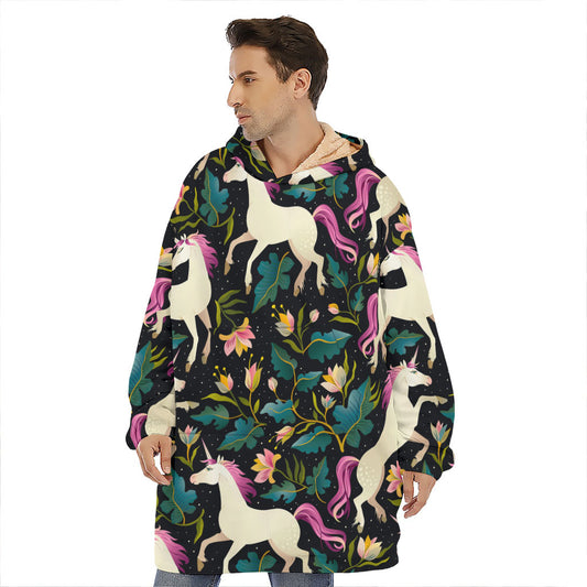 Night Floral Unicorn Pattern Print Hoodie Blanket