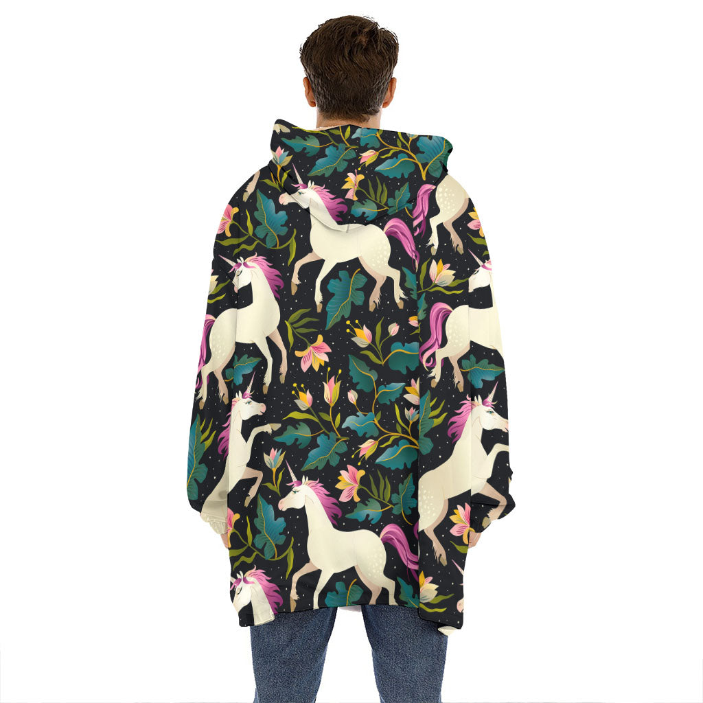 Night Floral Unicorn Pattern Print Hoodie Blanket