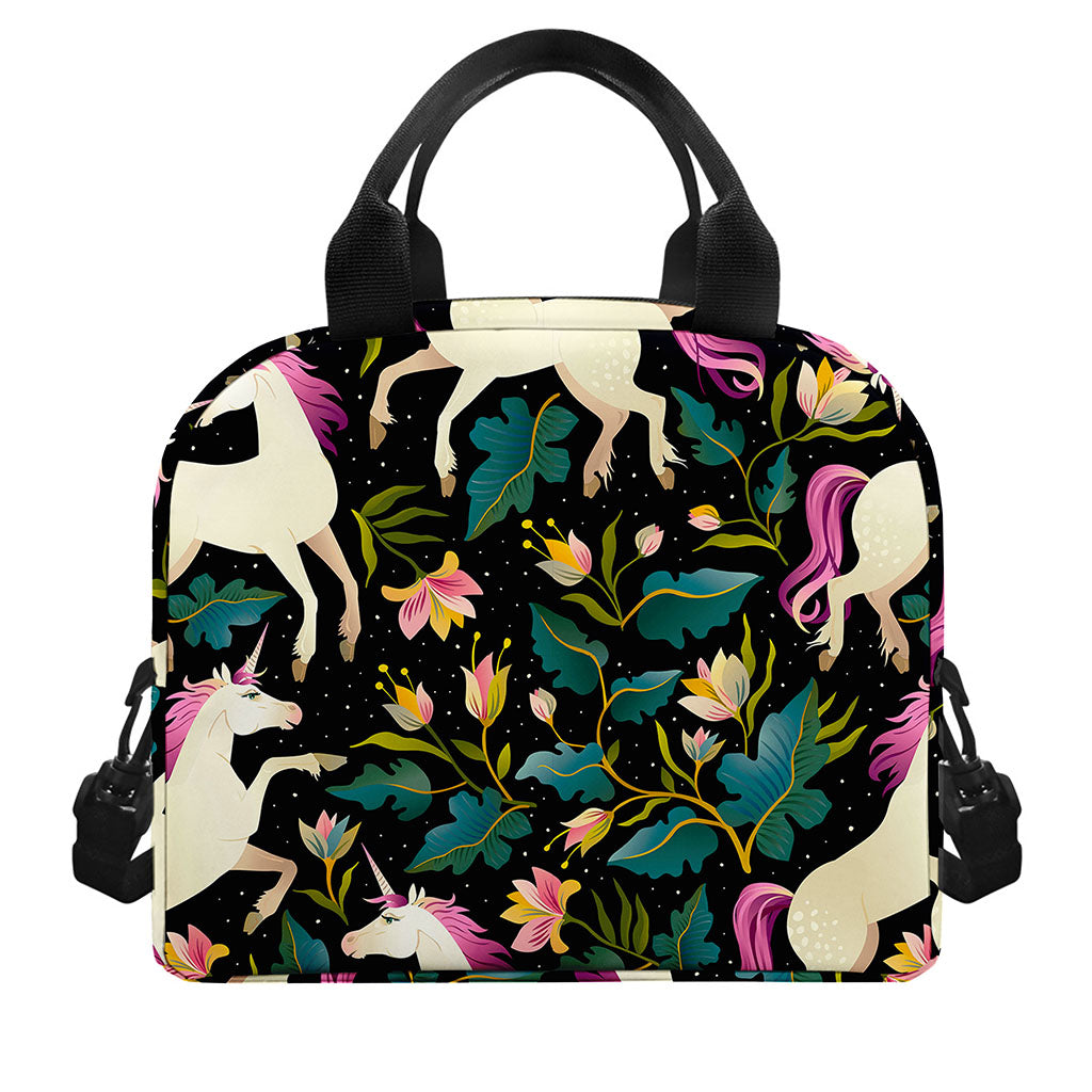 Night Floral Unicorn Pattern Print Insulated Lunch Bag