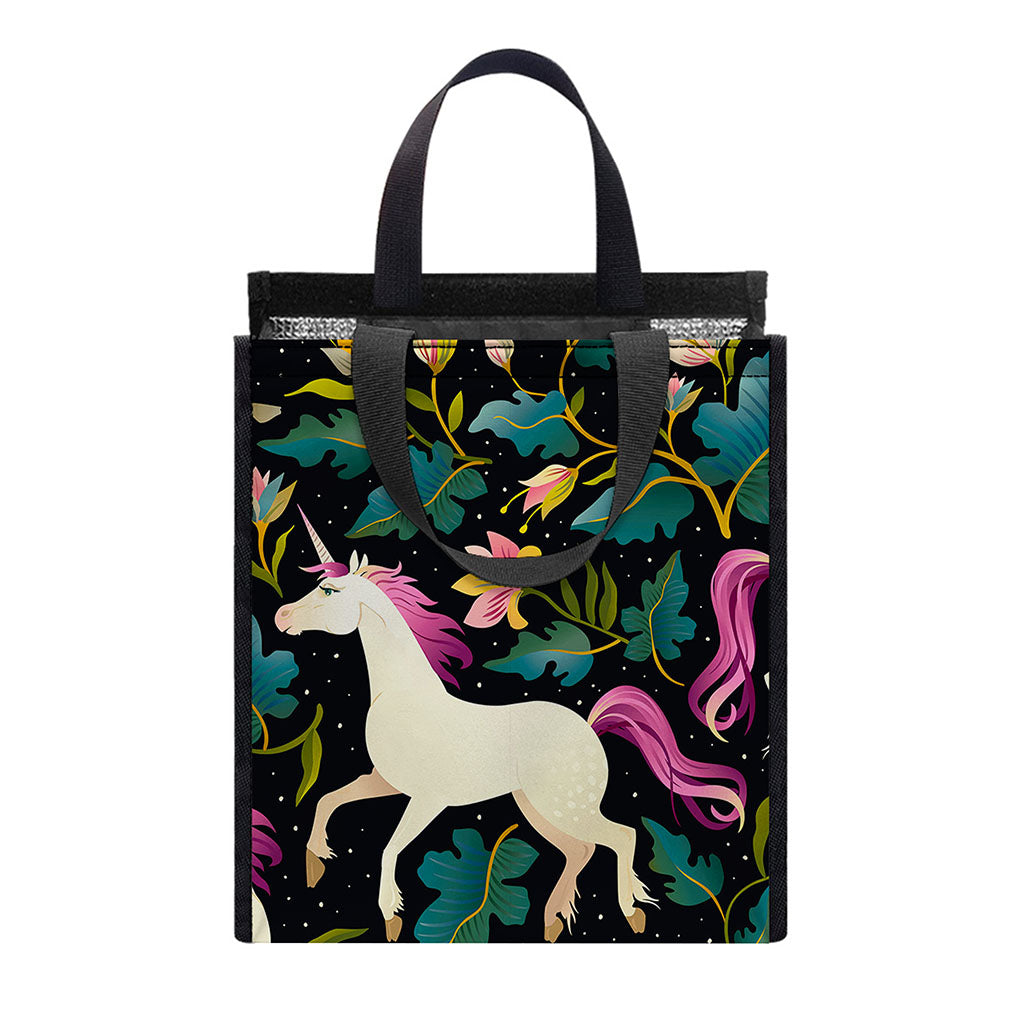 Night Floral Unicorn Pattern Print Insulated Lunch Tote