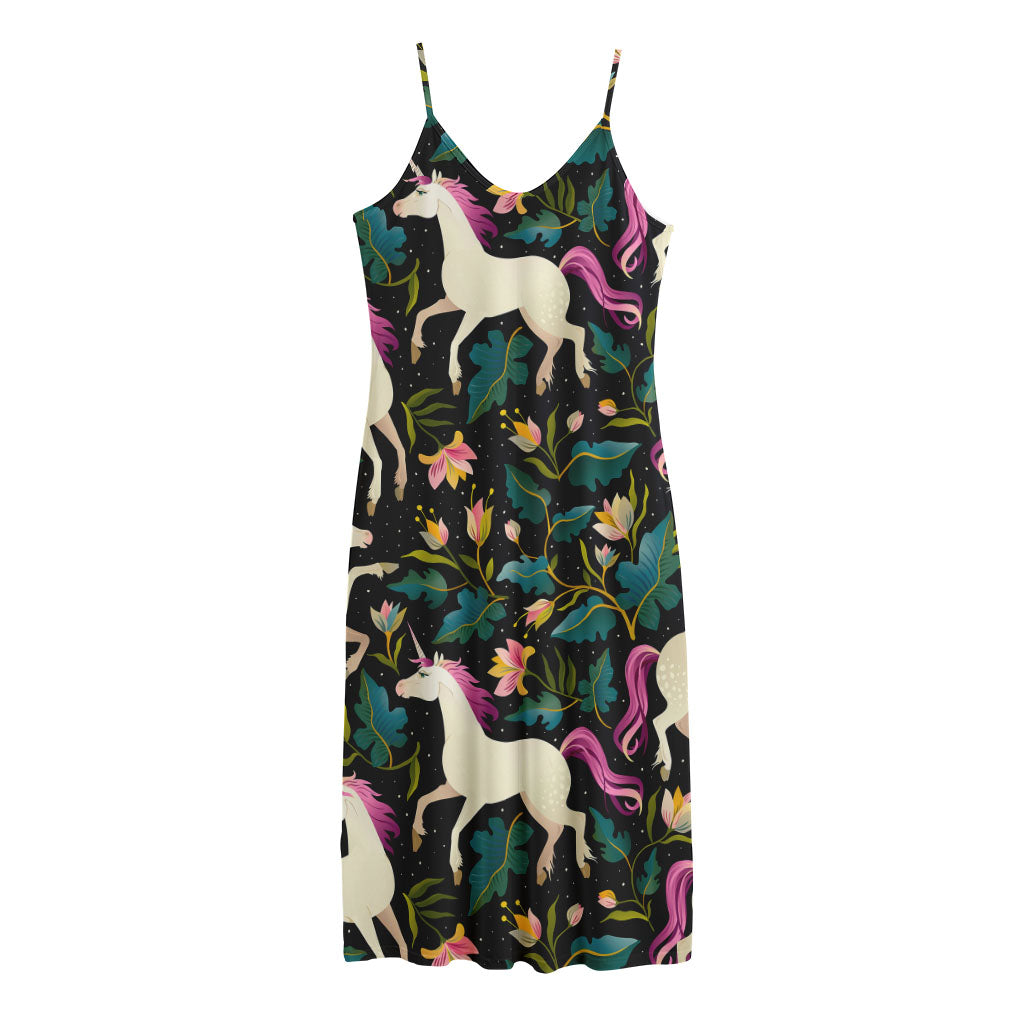 Night Floral Unicorn Pattern Print Jersey Midi Cami Dress
