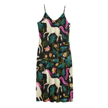 Night Floral Unicorn Pattern Print Jersey Midi Cami Dress